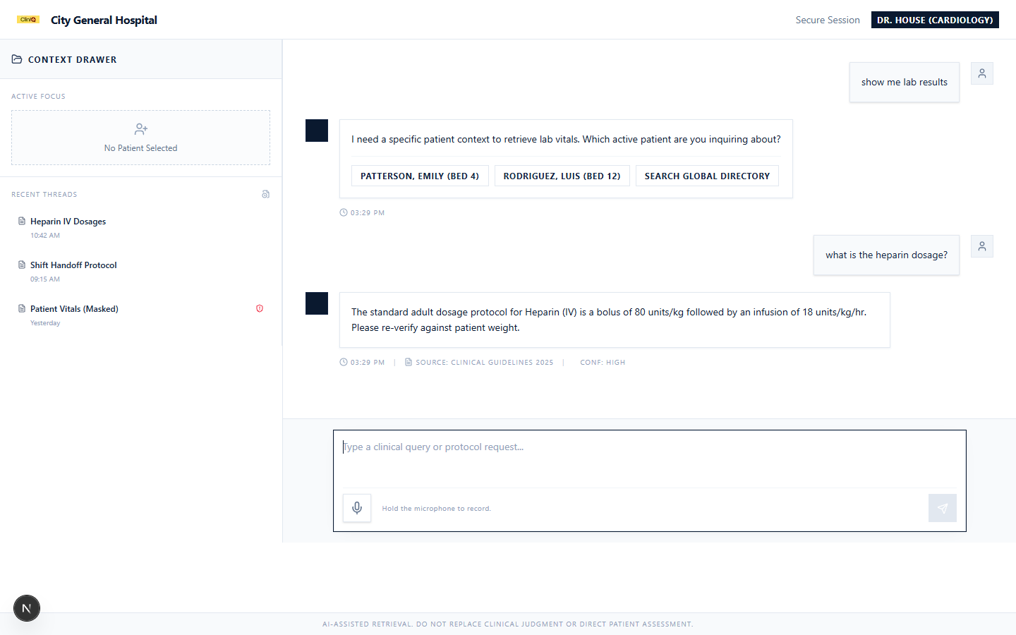 ClinIQ interface showing a clarification step followed by a source-backed policy answer